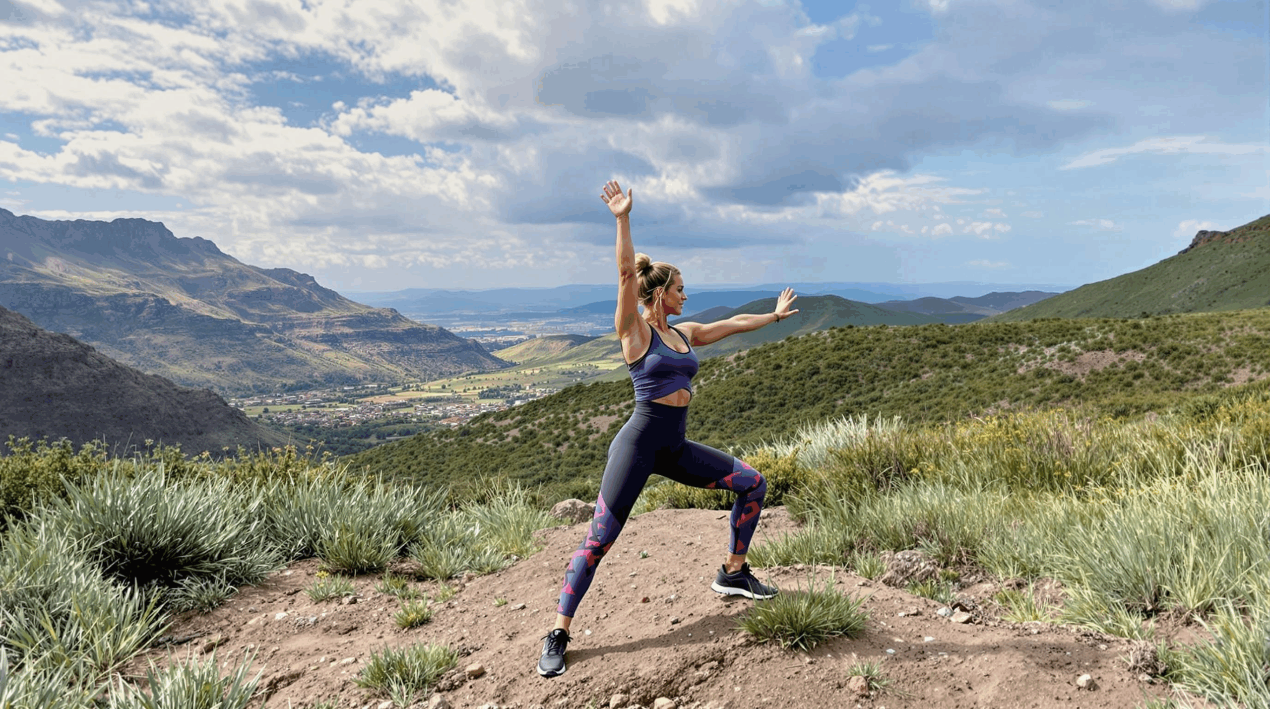 Mujer haciendo ejercicio al aire libre en posición de estiramiento, rodeada de montañas y naturaleza.