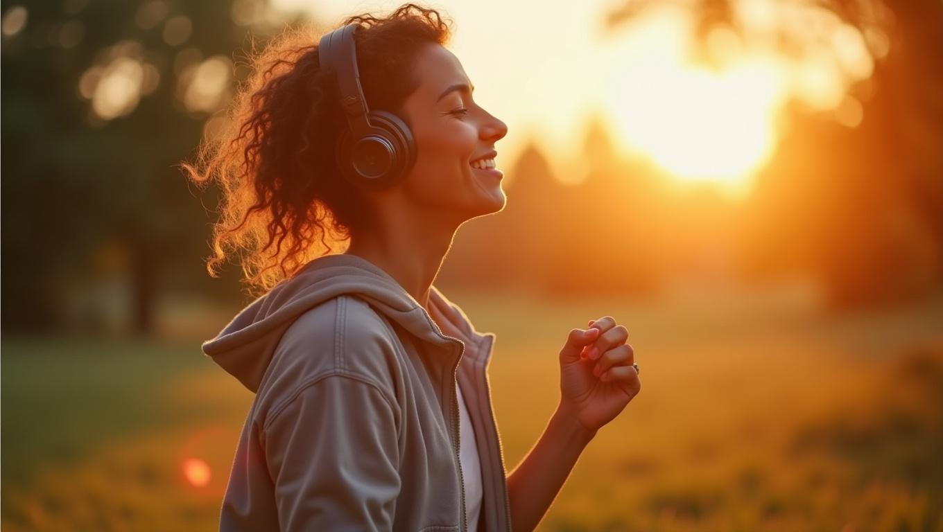 Mujer sonriendo mientras escucha música energizante con auriculares al atardecer en un parque.
