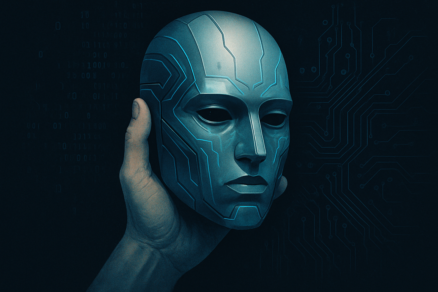 Mano humana sosteniendo una máscara robótica futurista sobre un fondo oscuro con patrones digitales, representando el concepto de ocultar la verdad tras una apariencia de inteligencia artificial.