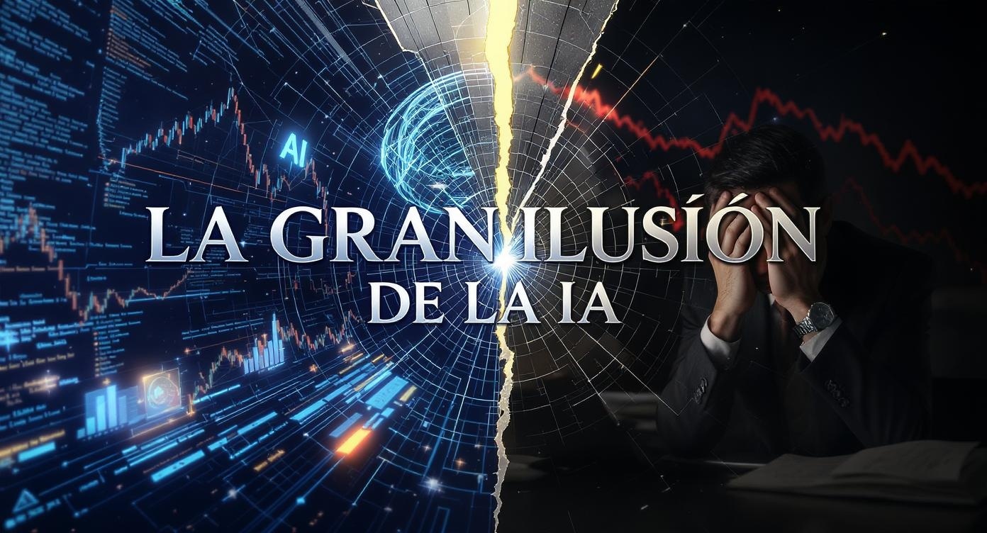 Imagen conceptual sobre la gran ilusión de la inteligencia artificial mostrando el contraste entre las promesas tecnológicas y la realidad empresarial, caso Builder.ai