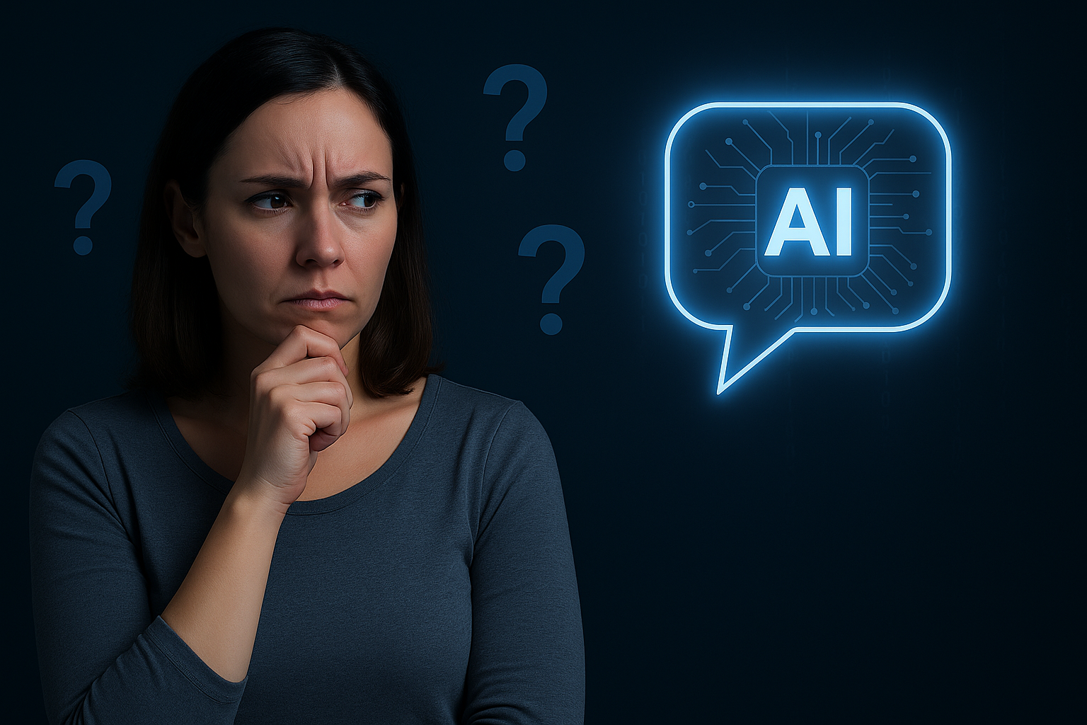 Mujer pensativa mirando un icono de inteligencia artificial con signos de interrogación, simbolizando la reflexión crítica ante el uso de IA engañosa.